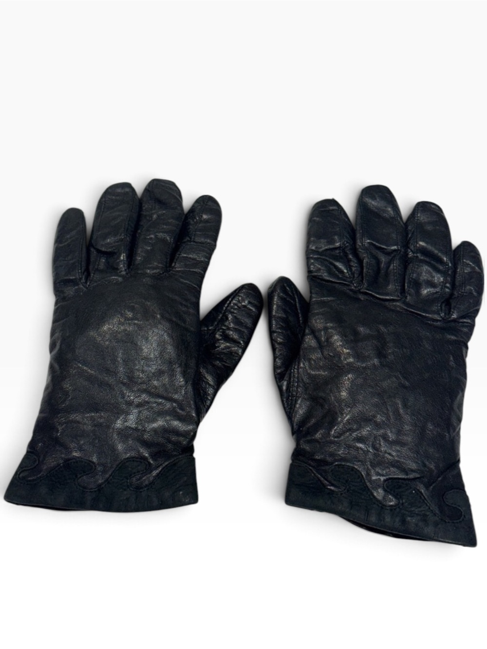Italian Black Leather Suede Appliqué Gloves Cashmere Blend Lined 7.5